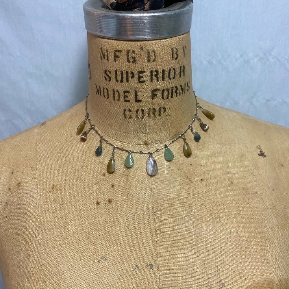 Silver necklace with green/brown stones 17"